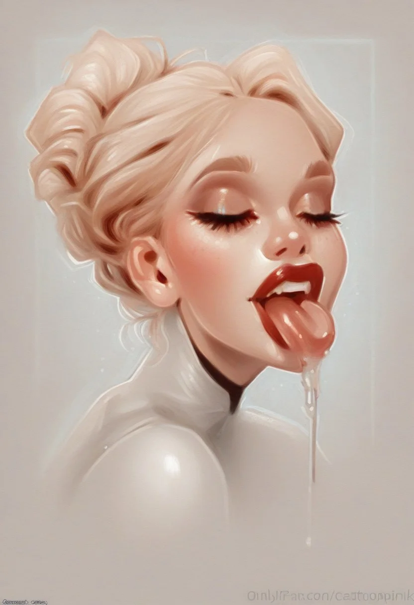 Cartoonpink, oil pastels, score_9, score_8_up, score_7_up, extremely detailed,
1woman, adult woman, age:35, portrait, blonde, athletic, in bed, mouth open wide, sticking tongue out, excited, eyes closed, ((blue eye shadow)), glossy red lipstick, shiny skin glistening, beautiful neck, messy bun, woman's suit,