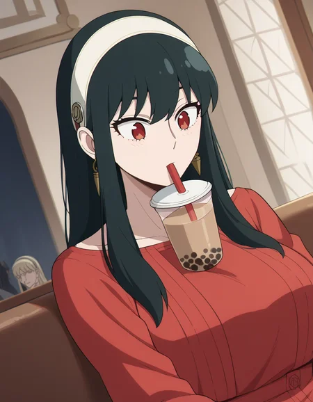 score_9, score_8_up, score_7_up, source_anime, yorbriar, <lora:yor-briar-s1-ponyxl-lora-nochekaiser:1>, yor briar, black hair, red eyes, earrings, white hairband, hairband, long hair, sidelocks,, <lora:bubble-tea-challenge-ponyxl-lora-nochekaiser:1>, bubble tea challenge, bubble tea, object on breast, drinking straw, drinking straw in mouth, drinking, cup,, indoors, sitting, looking down,, cowboy shot, dutch angle, large breasts,