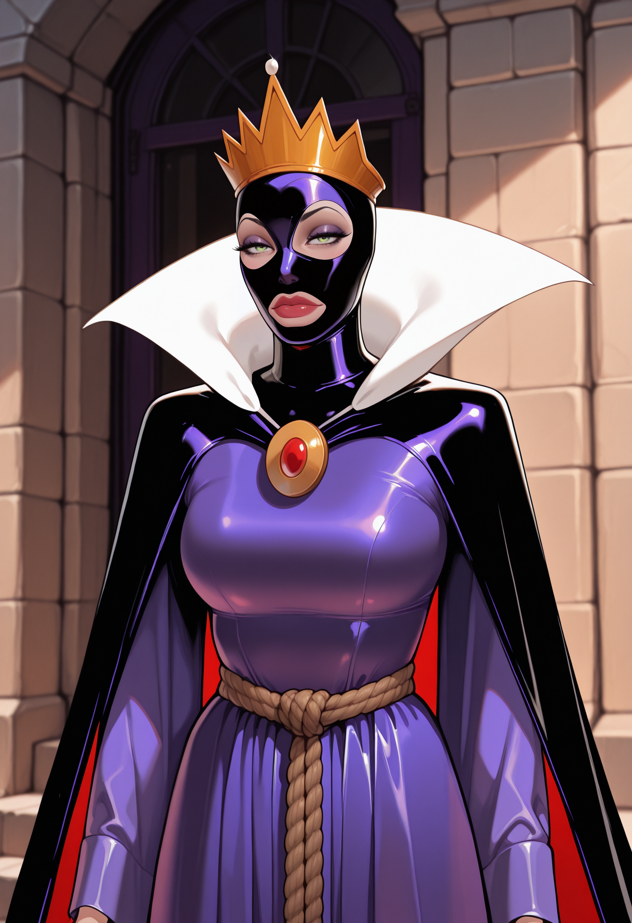 masterpiece, best quality, amazing quality, , ,evilq33n, <lora:evilQueenIllustrious:0.9>
, , cape, crown,  purple dress, upper body, <lora:latexHoodIllustrious:0.8> (black  latexHood:1.1), nohair, outside,rope belt,