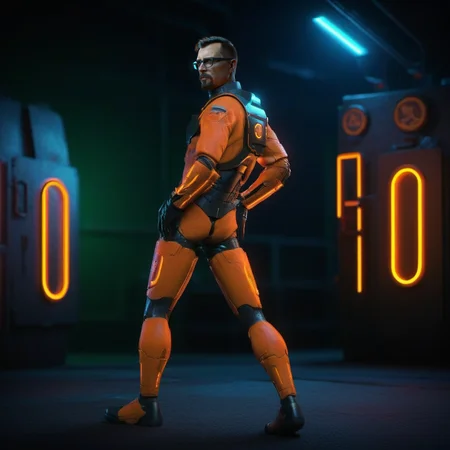 a man with glasses in a orange and black space suit, looking over his shoulder, cyberpunk background <lora:GordonFreeman1024:0.8>