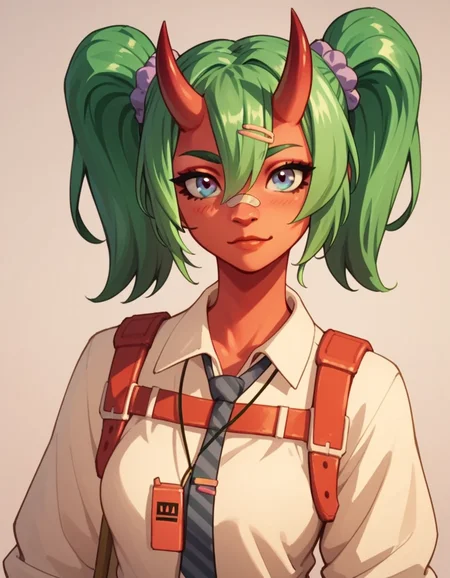 Nemia, red skin, green hair, twin tails, hair between eyes, lilac eyes, bandaid on nose, horns