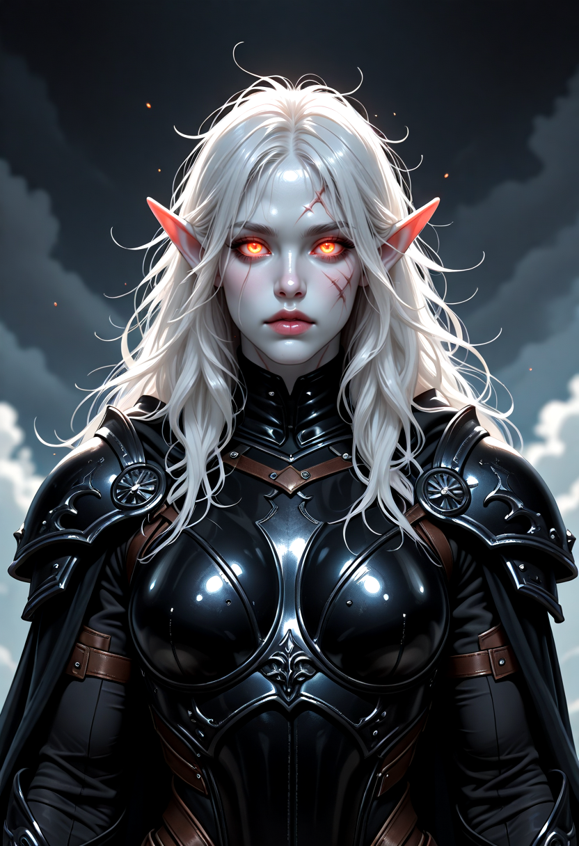 1girl, pale, white skin, colored skin, pale skin, soft lips, glossy lips, elf, pointy ears, detailed eyes, glowing eyes, muscular woman, armor, cape, leather armor, scar, scars on face, white hair, long hair, messy hair, black armor, black leather,,
