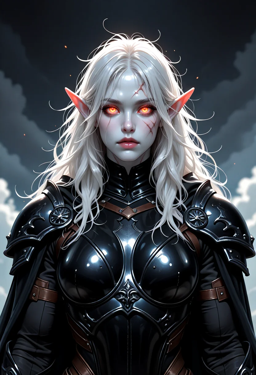 1girl, pale, white skin, colored skin, pale skin, soft lips, glossy lips, elf, pointy ears, detailed eyes, glowing eyes, muscular woman, armor, cape, leather armor, scar, scars on face, white hair, long hair, messy hair, black armor, black leather,,