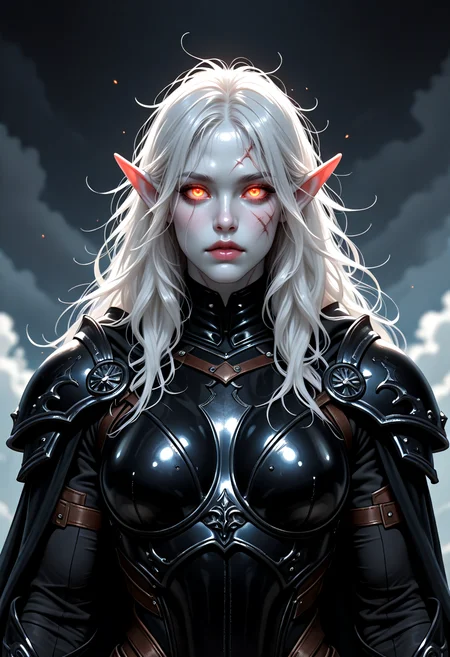 1girl, pale, white skin, colored skin, pale skin, soft lips, glossy lips, elf, pointy ears, detailed eyes, glowing eyes, muscular woman, armor, cape, leather armor, scar, scars on face, white hair, long hair, messy hair, black armor, black leather,,