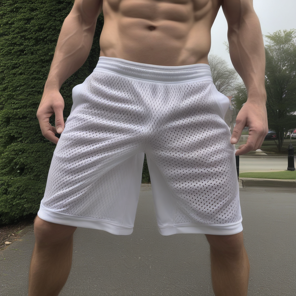 Mesh shorts, free balling, man, muscular, abs