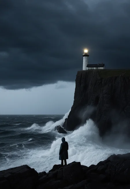 stormy ocean cliff, wide shot, waves crashing against rocks, dark sky, lighthouse beam cutting through mist, lone figure in raincoat staring at horizon, cinematic melancholy, high-contrast lighting