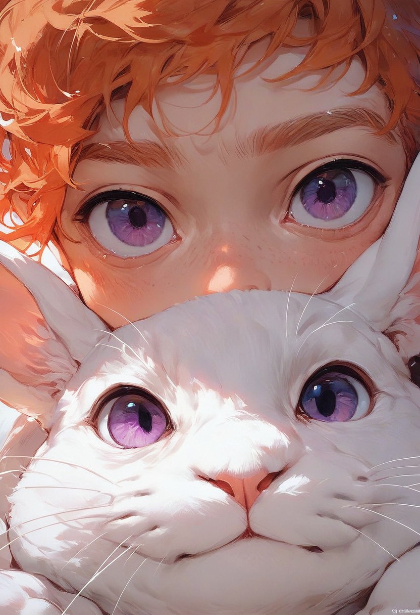 score_9, score_8_up, score_7_up, score_6_up, score_5_up, animalclose-up, 1boy and white rabbit, the boy has reddish-orange hair, the rabbit has purple eyes