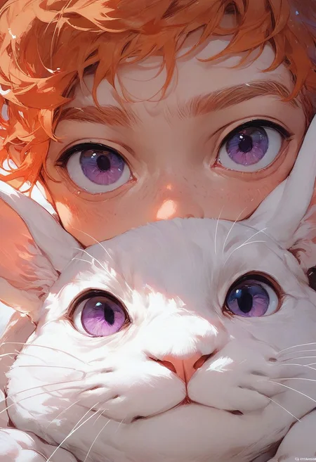 score_9, score_8_up, score_7_up, score_6_up, score_5_up, animalclose-up, 1boy and white rabbit, the boy has reddish-orange hair, the rabbit has purple eyes