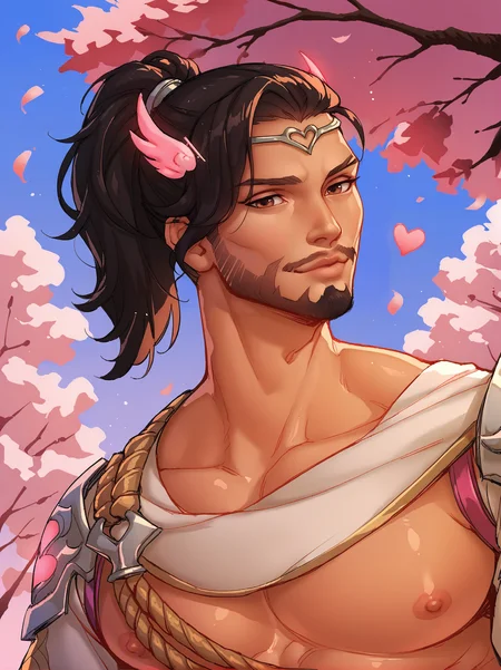 cupid_hanzo man, close up, bara, black hair, ponytail, pec, nipple, dark brown eyes, facial hair, pink. hearts, greek clothes, kissy face, rose tattoos, outdoors, cherry blossom background <lora:Cupid_Hanzo:.8>, score_9, score_8_up, score_7_up, <lora:add-detail-xl:.8> zPDXL3,