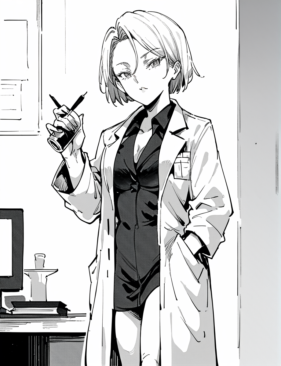 score_9, score_8_up, score_7_up, score_6_up,   monochrome, <lora:nyuu_koubou_backstage_festival_Style:1.3>kazemura_kyouko, 1girl, lab coat, standing