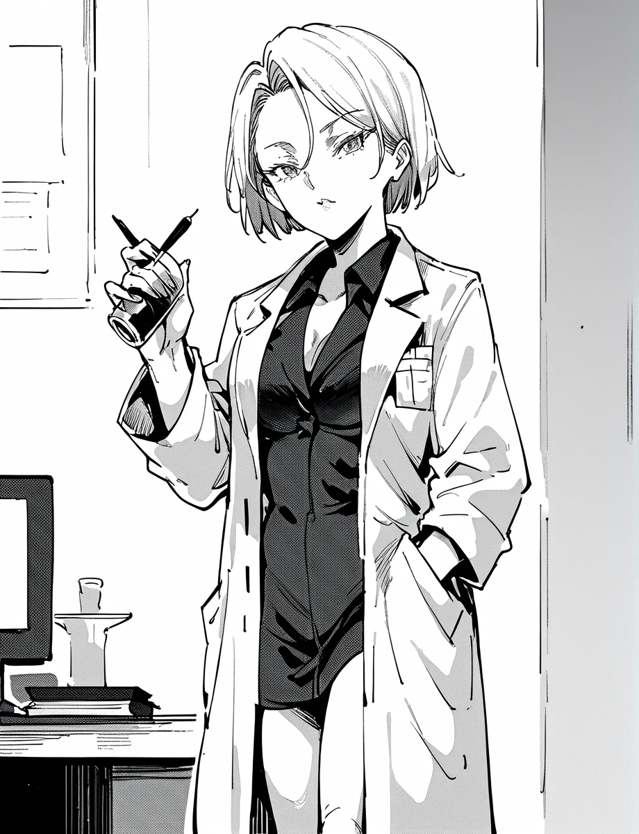 score_9, score_8_up, score_7_up, score_6_up, monochrome, <lora:nyuu_koubou_backstage_festival_Style:1.3>kazemura_kyouko, 1girl, lab coat, standing