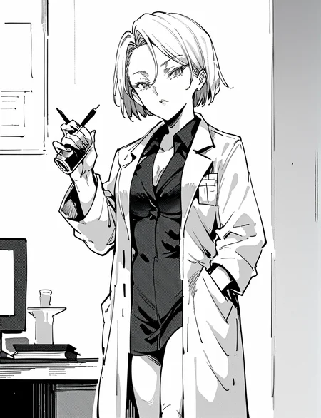 score_9, score_8_up, score_7_up, score_6_up,   monochrome, <lora:nyuu_koubou_backstage_festival_Style:1.3>kazemura_kyouko, 1girl, lab coat, standing
