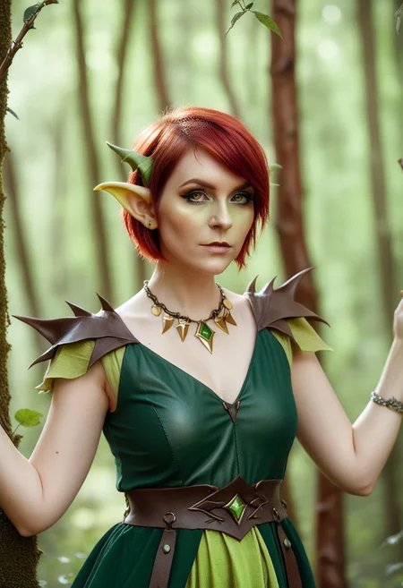 depth of field, fantasy photoshoot, photo, professional photoshoot,
1girl, goblin, pointy ears, short, green skin, themes of gold and leather,
short hair, dress, jewelry, red hair,
summer forest, branches in foreground, blurry foreground, trees in background,
realistic, blurry