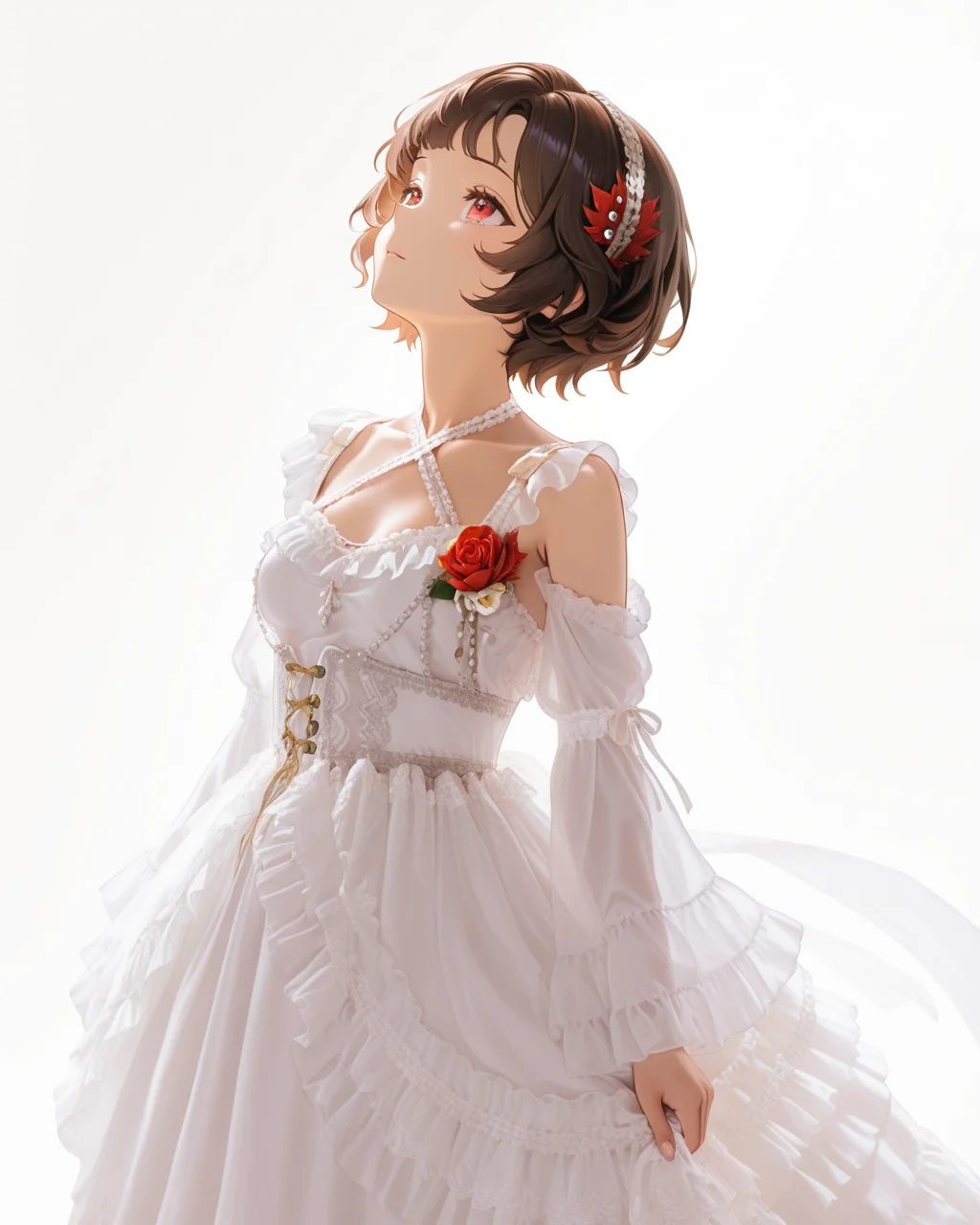 Positive: Masterpiece, best quality, amazing quality, very aesthetic, high resolution, ultra-detailed, absurdres,
1girl,solo,white_background,
schndef, short hair, feather hair ornament,small breasts,brown hair, red eyes,white hairband,
white off-shoulder lace ruffled dress,
white dress,white off-shoulder,lace,frills,
criss-cross halter,
corsage,jewelry,
long sleeves,detached sleeves,
cowboy_shot,look up,