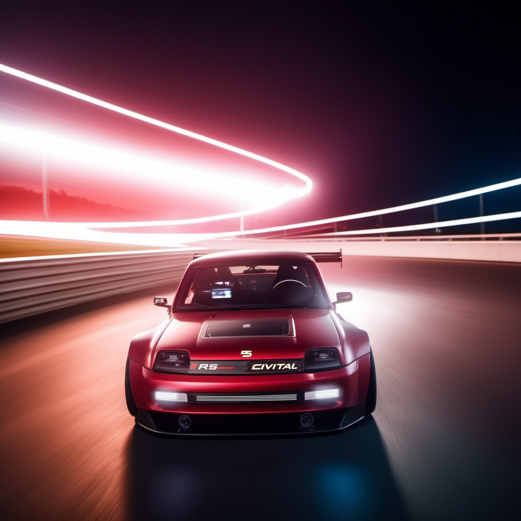 Long exposure photo of cinematic photo Long exposure photo of R5e1024,a man drining an pearly red electric car, (((text ''CivitAI"))), racing ring, dust, drift, photography, ultra sharp, film, professional, 64k <lora:add-detail-xl:1.5>  <lora:R5Turbo3E-1024-000235:0.5> . Blurred motion, streaks of light, surreal, dreamy, ghosting effect, highly detailed