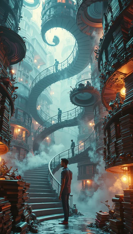 A mind-bending depiction of a library devoted to books that have never been written. The space should defy normal architecture, with Escher-like stairs leading to inverted reading nooks and shelves that twist into Möbius strips. Books float in mid-air, their covers shimmering with potential stories. Some volumes open to reveal blank pages that come alive with swirling, misty visions of unwritten tales. Ghostly librarians, made of smoky letters and punctuation marks, guide phantom patrons through the impossible stacks. The lighting should be soft and dreamy, with certain areas illuminated by the glow of ideas waiting to be born. Incorporate elements that play with the concept of negative space, where the absence of text becomes as meaningful as words themselves.