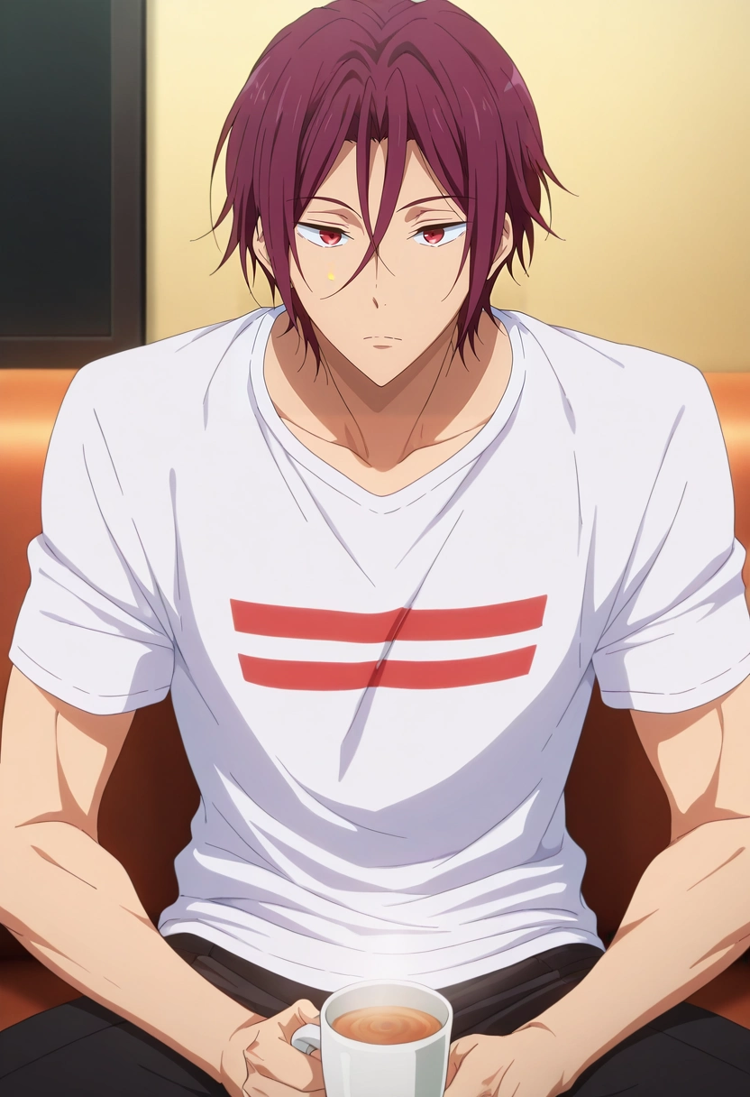 masterpiece, best quality, , anime screencap, , , , 1boy, solo, male focus, <lora:rin_matsuoka_ilxl:1>, rin_matsuoka, red hair, red eyes, hair between eyes, holding a cup, blank stare, lost in thought, sitting pose, warm tones, Straight-leg chinos, Striped Lycra Lilac Performance T-shirt, Oxfords, ,