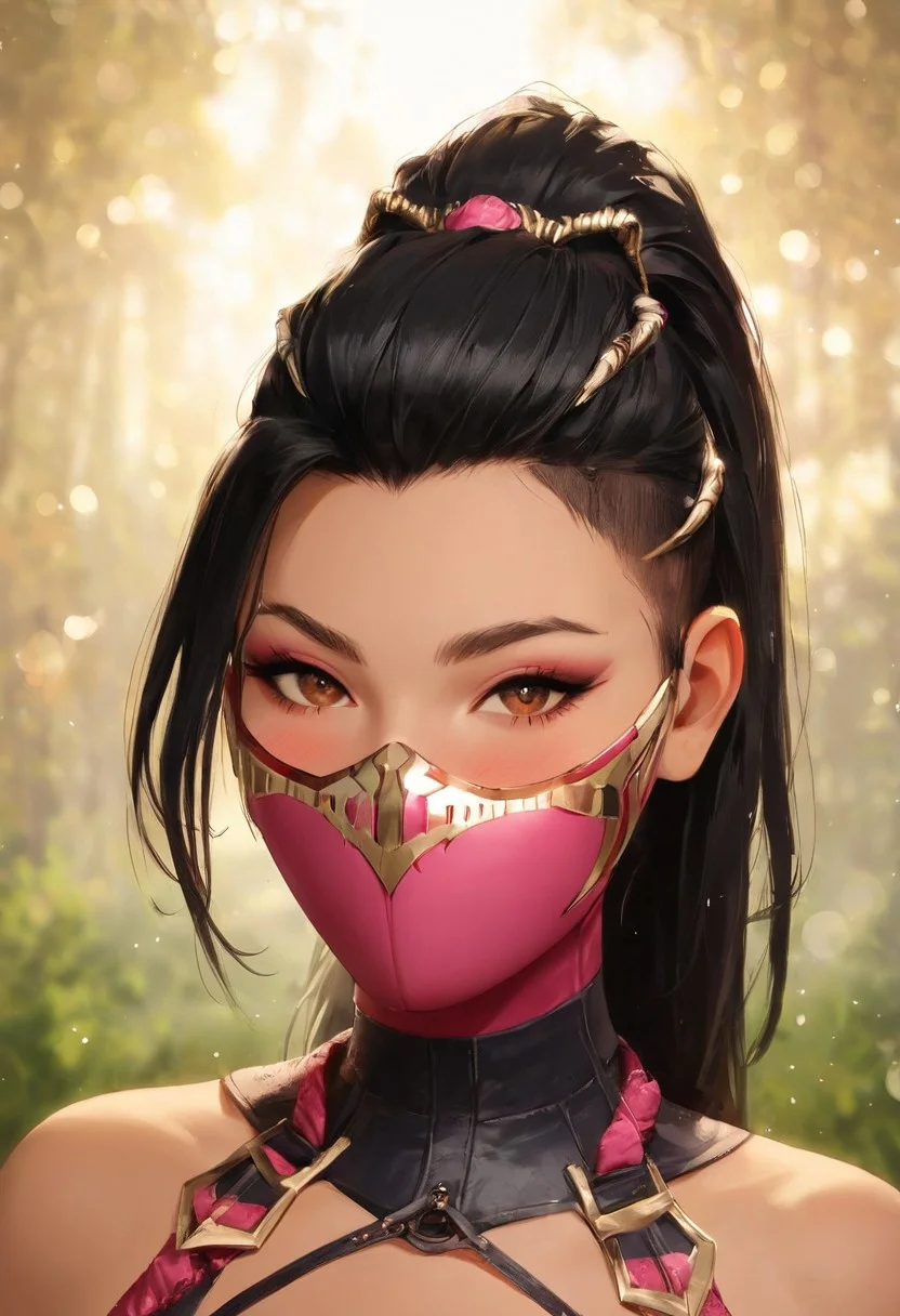 score_9, score_8_up, score_7_up, source_anime, sexy 22 year old girl sexy posing, mileenaxl, mileenaxl,black hair,ponytail,brown eyes, pink mouth mask, medium natural breasts, hair ornament,neck wear, sleeves, masterpiece, cinematic lighting, hot, sitting, cute eyes, 5300k, hyperdetailed photography, eye contact, in stagecoach wagon, curtained windows, black bodysuit, cute, sexy, flushed, blushing, godrays, bokeh:1.2, sexy expression, seductive face, head tilted slightly down, seductive, look at viewer, perfect eyes, detailed face, face focus, blurred background, detailed eyes. seductive, erotic, tease, playful,