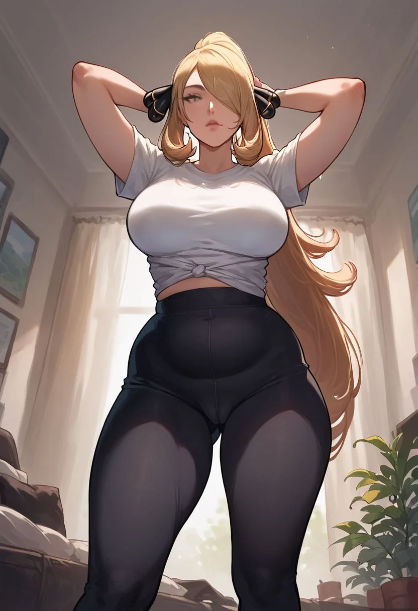 cynthia_\(pokemon\), score_9,score_8_up,score_7_up,score_6_up,solo, 1girl, anime, grey eyes, long hair, blonde ponytail hair, fat, dark leggings, dark yoga pants, white t-shirt, standing alone in a living room, serious face, confident attitude, pureerosface_v1, seen from below, epic shot, full shot, tight cameltoe, hip dips, thick thighs, wide hips, thick body, thick, thick legs, thick waist,