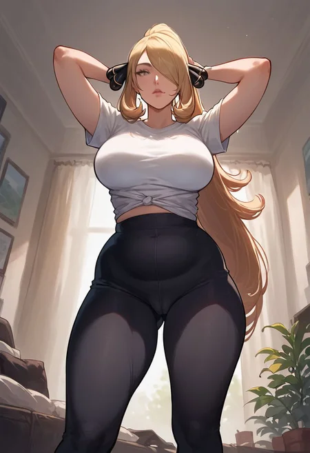 cynthia_\(pokemon\), score_9,score_8_up,score_7_up,score_6_up,solo, 1girl, anime, grey eyes, long hair, blonde ponytail hair, fat, dark leggings, dark yoga pants, white t-shirt, standing alone in a living room, serious face, confident attitude, pureerosface_v1, seen from below, epic shot, full shot, tight cameltoe, hip dips, thick thighs, wide hips, thick body, thick, thick legs, thick waist,