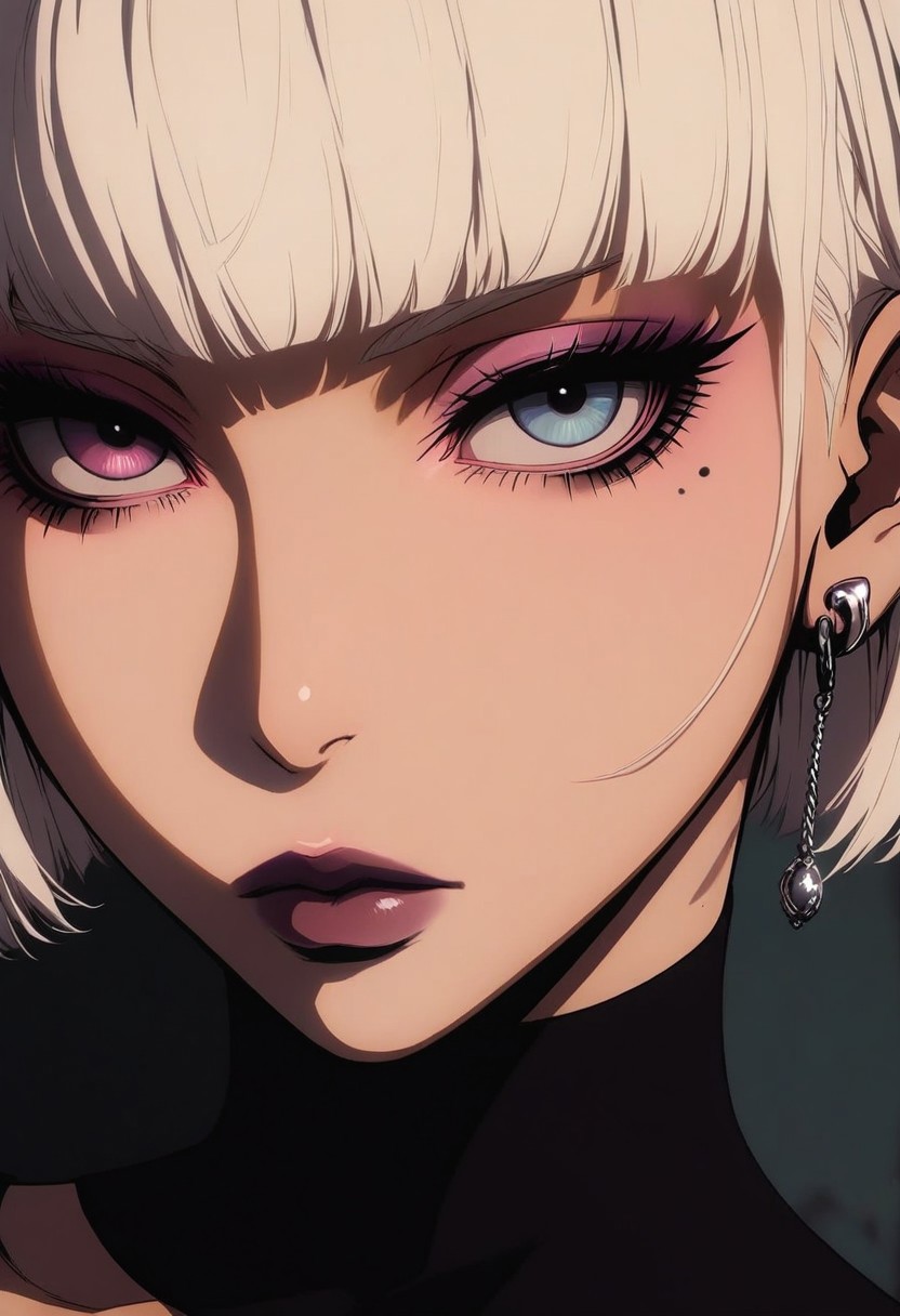 masterpiece, best quality,high quality, newest, highres, absurdres, solo, mole under eye, 1girl, goth girl, mole, solo, eyes focus, earrings, jewelry, blue eyes, close-up, thin lips, makeup, looking at viewer, platinum blonde hair, bobcut, eyelashes, bangs, lipstick, dark pink lips, dark pink eye shadow