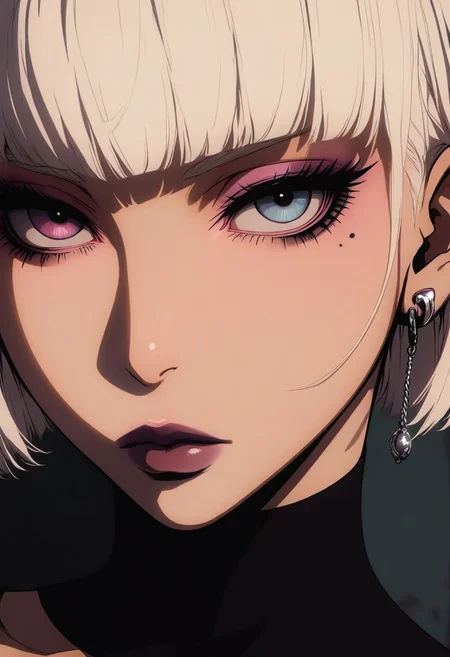 masterpiece, best quality,high quality, newest, highres, absurdres, solo, mole under eye, 1girl, goth girl, mole, solo, eyes focus, earrings, jewelry, blue eyes, close-up, thin lips, makeup, looking at viewer, platinum blonde hair, bobcut, eyelashes, bangs, lipstick, dark pink lips, dark pink eye shadow