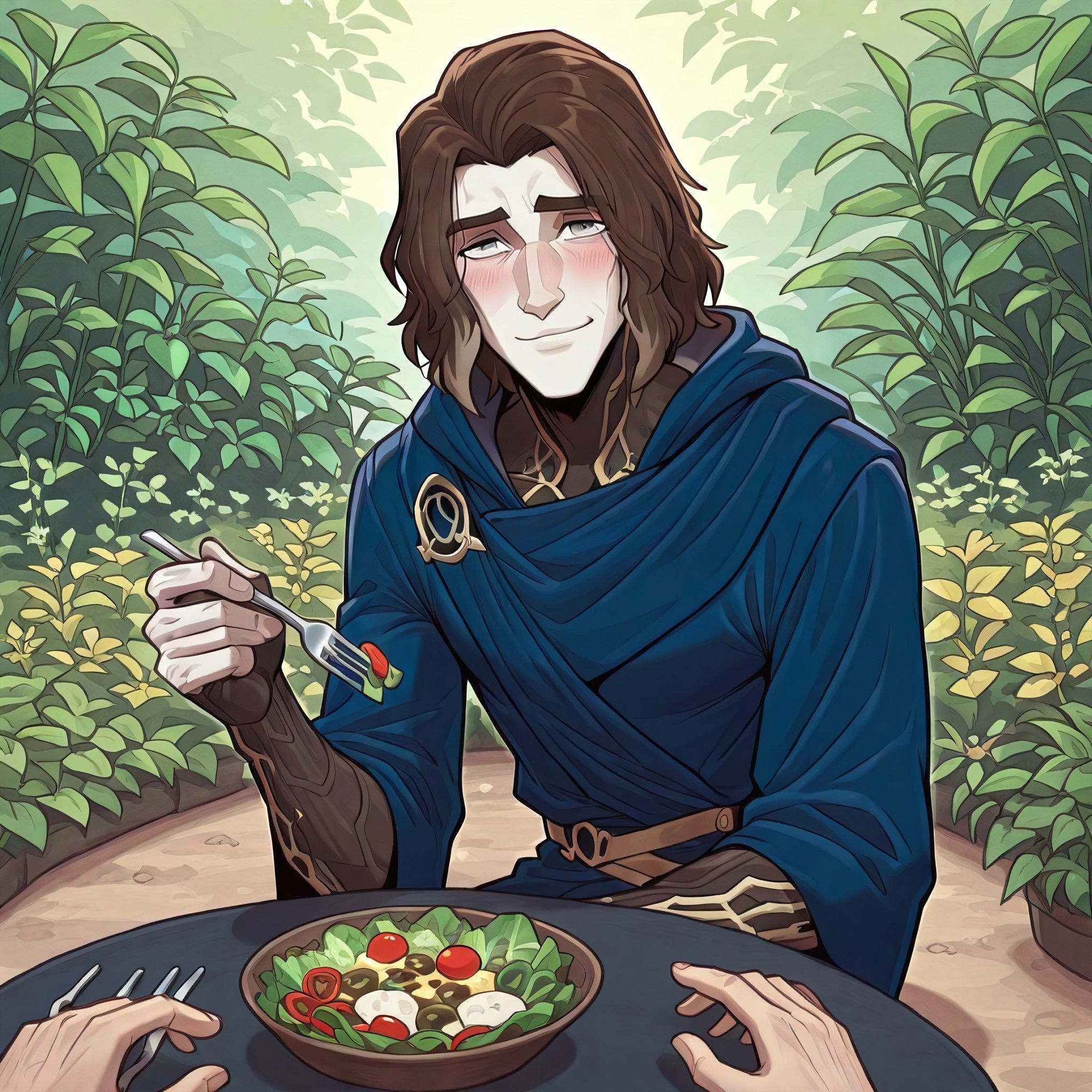 w0lfc0nf, 1 boy, brown hair, medium hair, single male, gray eyes, pov, Arcane \(Series)\, hooded eyes, sitting, sunny day, looking at viewer, faint smile, masculine features, slight blush, slim, blue robe, pale skin, broad shoulders, natual background, plants, using fork, garden, under shadow, salad, on a date, masterpiece, perfect quality, best quality, detailed, cool composition, newest, very aesthetic