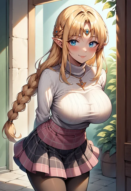 score_9,score_8_up,score_7_up, source_anime, 1girl, solo, <lora:asekr-ponyxl-beta4-10:1> AseKR, pointy ears, long hair, blonde hair, blue eyes, braid, circlet, turtleneck sweater, plaid skirt, pink skirt, black skirt, pantyhose, casual, arms behind back, leaning forward, large breasts, looking at viewer, light smile, blush,