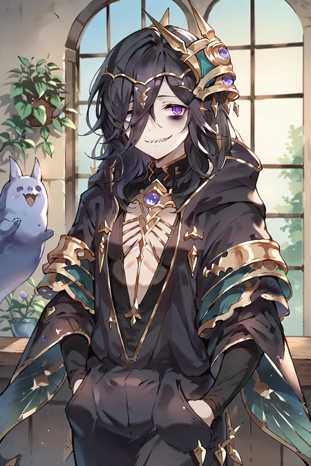 score_9, score_8_up, score_7_up, score_6_up, score_5_up, source anime, solo, 1girl, (lich \(granblue_fantasy\)), (black dress), bags under eyes, (breasts), black dress, hair over one eye, purple eye, (hands in pockets), cowboy shot, sharp teeth, smile, looking at viewer, realistic background, lounge, indoors, thin arms, narrow shoulders, petite, long hair, black hair , long hair, hair ornament, <lora:655-10:0.8> <lora:Smooth Anime 2 Style SDXL_LoRA_PonyXL Diffusion V6 XL:1> <lora:OldAnimeStyle_PonyXL_v3:0.5>
