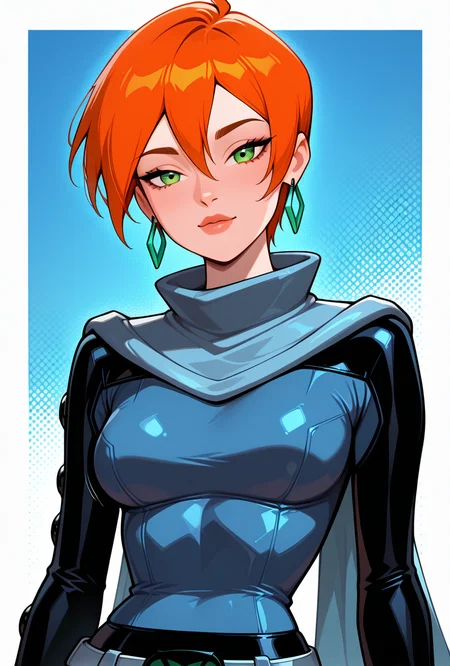 <lora:gwenfut-08:1> gwenfut, 1girl, green eyes, solo, short hair, orange hair, breasts, jewelry, earrings, bodysuit, cape, hair between eyes, belt, lips, long sleeves, scarf, blue background,, ((upper body, halftone effect, white borders, abstract background:1.2,)), masterpiece, best quality, amazing quality, very aesthetic, absurdres, newest,