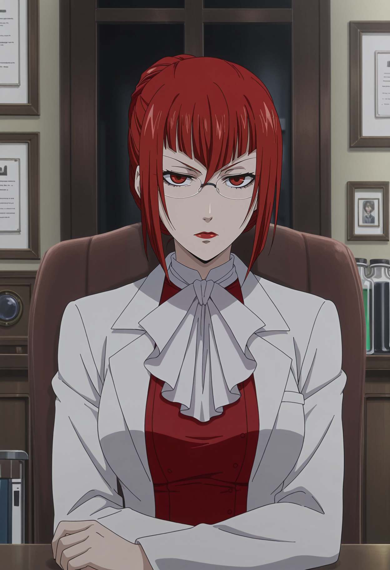 1girl,solo,mm,mature female,red hair,short hair,hair bun,lipstick,red eyes,anime coloring,
formal,red dress,lab coat,glasses,sitting,on chair,table,doctor,looking at viewer, serious, indoors,arm rest,upper body, 
,masterpiece,best quality,amazing quality,<lora:Madame_Red-Angelina_Durless-Kuroshitsuji-IL:0.8>