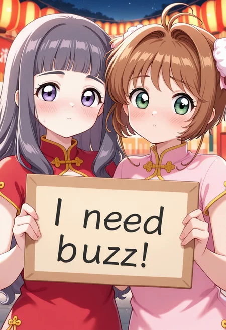 masterpiece, best quality,
(2girls),daidouji tomoyo,chinese clothes,kinomoto sakura,
looking at viewer,
need_buzz, holding sign, blush,
upper body,Festival Celebration,