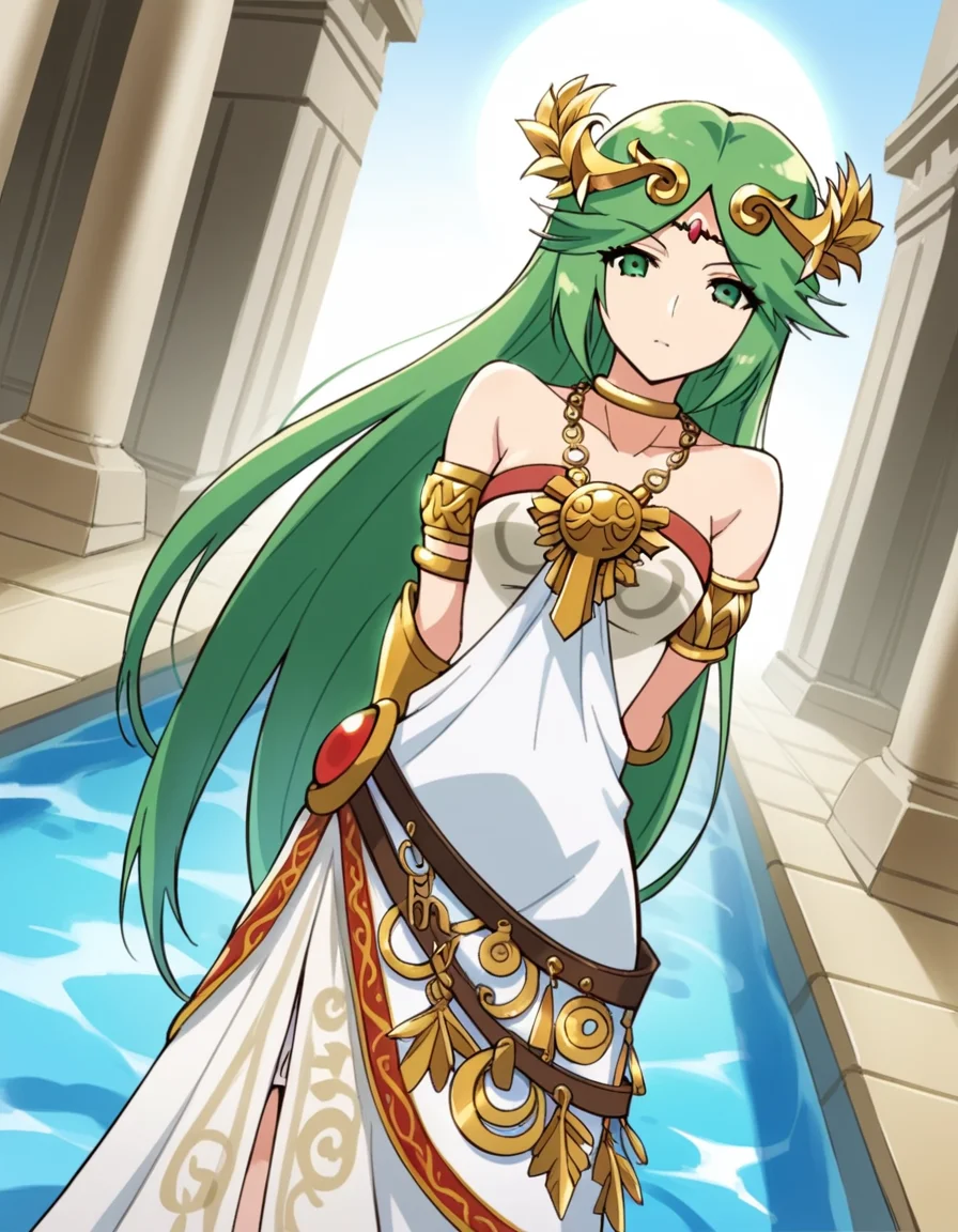 score_9, score_8_up, score_7_up, source_anime, <lora:palutena-trailer-ponyxl-lora-nochekaiser:1>, palutena, long hair, bangs, very long hair, green eyes, green hair, parted bangs,, dress, bare shoulders, jewelry, necklace, white dress, strapless, tiara, strapless dress, armlet, neck ring, gold,, poolside, chairs, sun, towels, relaxation, , hands behind back, bent over,, looking at viewer, solo,, dutch angle, cowboy shot