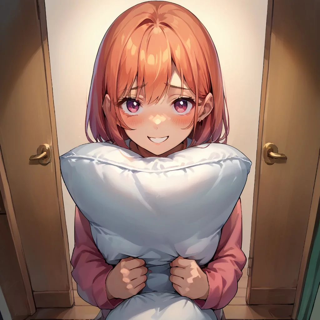 score_9, score_8_up, score_7_up, source_anime, scared to sleep alone, pillow hug, 
POV, looking at viewer, blush, smile,