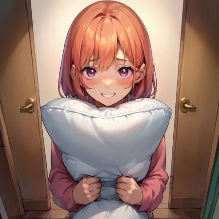 score_9, score_8_up, score_7_up, source_anime, scared to sleep alone, pillow hug, 
POV, looking at viewer, blush, smile,