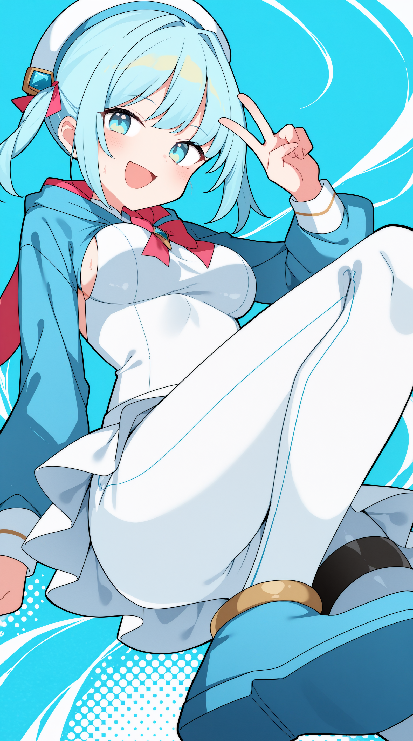 masterpiece, best quality, amazing quality, aesthetic,  absurdres, best quality, 4k, upscale, Shabon, halftone background, colorful background, colored shadow,(dynamic pose, foreshortening), 1girl, solo, hood, pants, long sleeves, blue eyes, blue hair,  v, hat, blue footwear, bangs, breasts, white headwear, smile,  <lora:Tia_Shabon_IL:0.8>