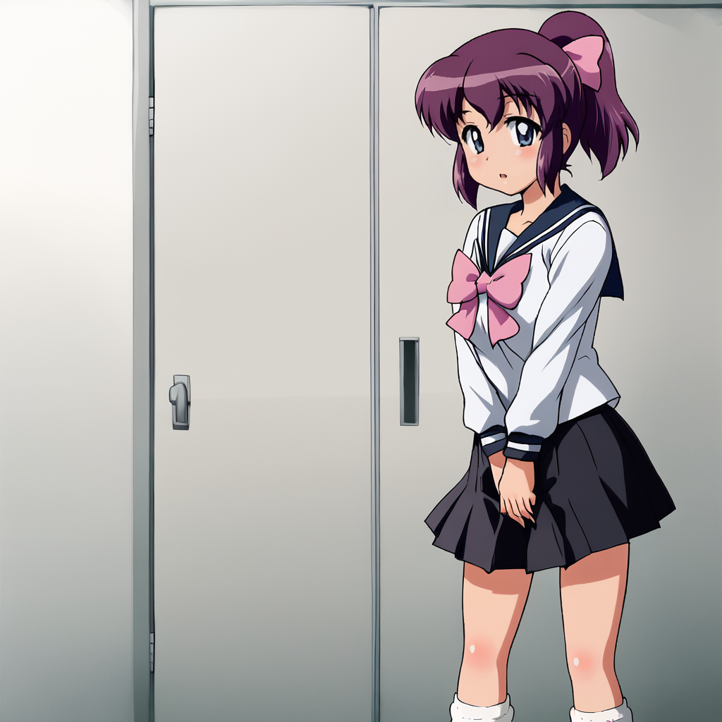 <lora:henriettafamiliararofzero_pony_v1:.8> HenriettaSchool, 1girl, school uniform, purple hair, skirt, blue eyes, serafuku, loose socks, ponytail, bow, short hair, cowboy shot