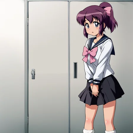 <lora:henriettafamiliararofzero_pony_v1:.8> HenriettaSchool, 1girl, school uniform, purple hair, skirt, blue eyes, serafuku, loose socks, ponytail, bow, short hair, cowboy shot