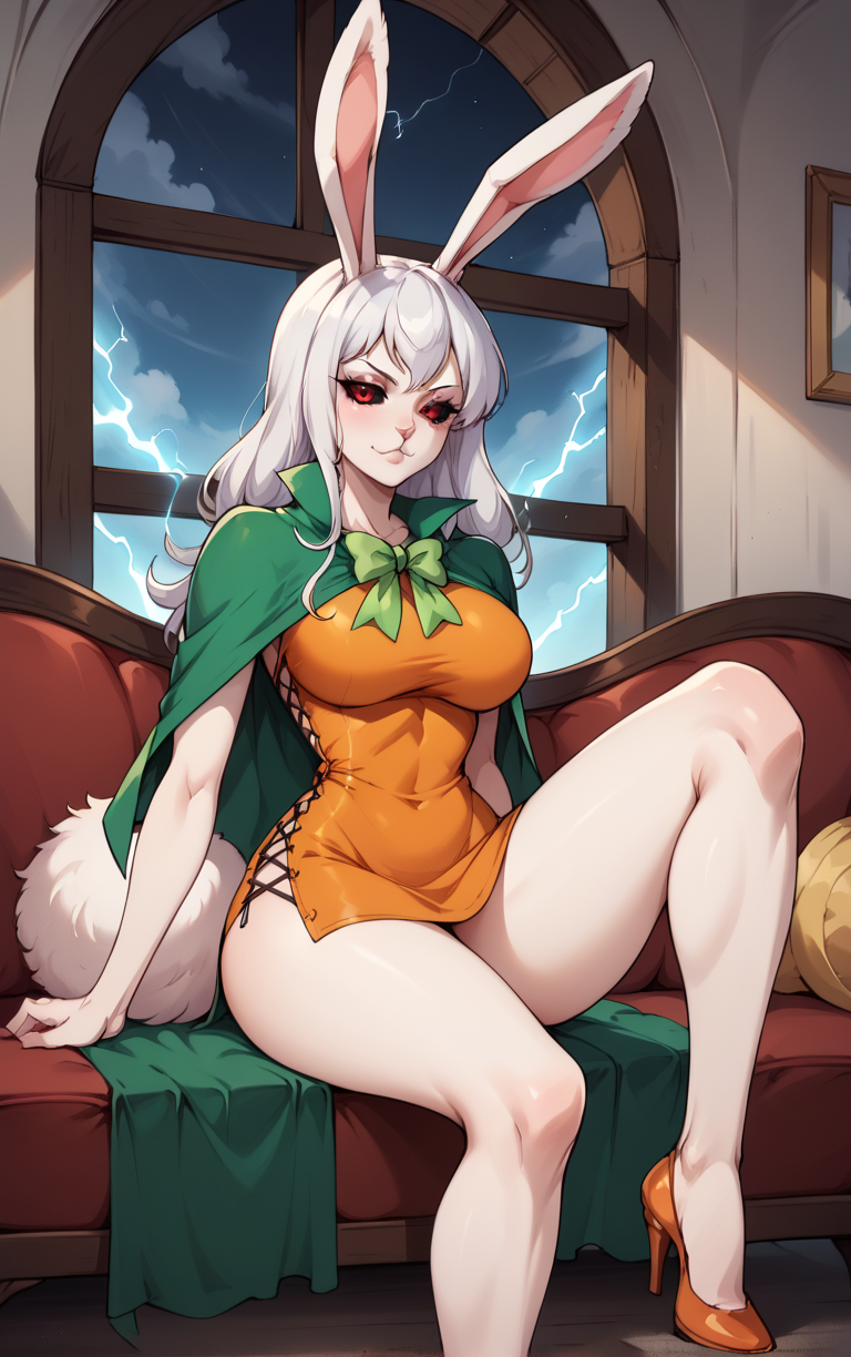 score_9, score_8_up, score_7_up, BREAK
SulongForm_OrangeDress_ownwaifu, 
1girl, white hair, animal ears, rabbit girl, red eyes, long hair, furry female, large breasts, breasts, colored sclera, lightning, white fur, black sclera, colored skin,  electricity, rabbit ears, rabbit tail, tail, albino, alternate form, animal nose, furry, monster girl, snout, thighs, long legs,
cape, orange dress, cross-laced clothes, short dress, bow, green cape, dress, side slit, capelet, cleavage,
(sitting, spread legs), arms behind back, couch, window shade, indoors, <lora:PONYXL_ONEPIECE_Carrot_ownwaifu:0.95> , depth of field, solo,