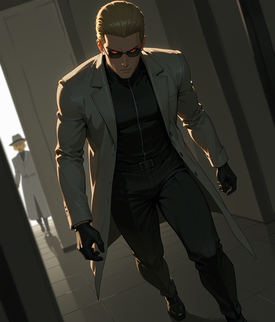 PonyScores7, source_anime, ah1
BREAK <lora:albertwesker-guy-PONYv1:0.8> albertwesker, albert wesker, 1boy, blonde, black gloves, (sunglasses:1.3), belt, black coat, black pants, looking at viewer, toned, athletic, fit, slicked back hair, black turtleneck, zipper, mature male, short hair, black boots, (space chemist, a brilliant scientist with a chemical analyzer and a lab coat creating new compounds with creativity and a passion for experimentation), (Clothes of all colors and styles hang from racks, overflowing from overflowing boxes, Hats, wigs, and shoes litter the floor, a testament to countless theatrical performances,), (joggers), (focused, intense glare, apathetic, contemptuous), (reddish orange eyes, slit pupils), (angular face, sharp_featured face), handsome, charming, alluring
BREAK <lora:xl_more_art-full_v1:0.2>, <lora:shinyskin2:0.2> glistening skin, <lora:aesthetic_anime_v1s:0.2>, <lora:Expressive_H:0.2> Expressiveh, <lora:hairdetailpxl:0.2> hairdetailpxl, <lora:EpicF4nta5yXL:0.2>, <lora:detailxl:0.2> detailxl, <lora:Fant5yP0ny:0.2>, best quality, amazing quality, best aesthetic, absurdres, <lora:expressive eyes:0.2> expressive eyes, <lora:eyedetailpxl:0.2> eyedetailpxl, illustration, Volumetric_Lighting, ultra-detailed, very aesthetic, intricate details, 8k, masterpiece, best_quality
BREAK (Dutch Angle view Close shot, focus on waist)
BREAK <lora:Eyes_High_Definition:0.3> EyesHD, Stable_Yogis_PDXL_Positives, AS-Adult, <lora:Complicated fantasy portrait - XL Pony V2.0:0.4>, bad-hands-5, AS-MidAged, <lora:HDA_Detailer:0.2>