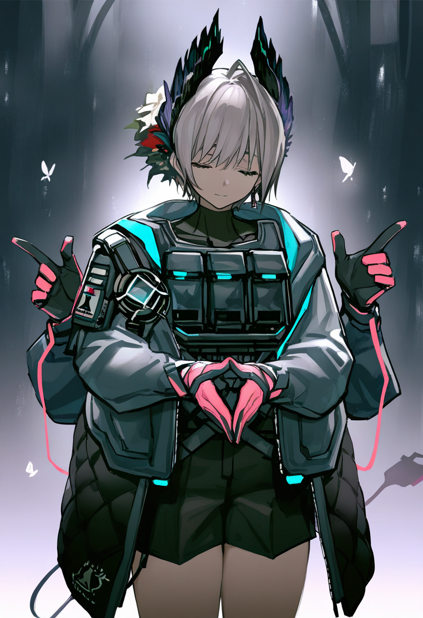 raidian \(arknights\),1girl,coat,black gloves,pink gloves,closed eyes,extra arms,
masterpiece,best quality,high definition,ultra-detailed,<lora:raidian-000120:1>,raidian \(arknights\),