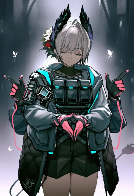 raidian \(arknights\),1girl,coat,black gloves,pink gloves,closed eyes,extra arms,
masterpiece,best quality,high definition,ultra-detailed,<lora:raidian-000120:1>,raidian \(arknights\),