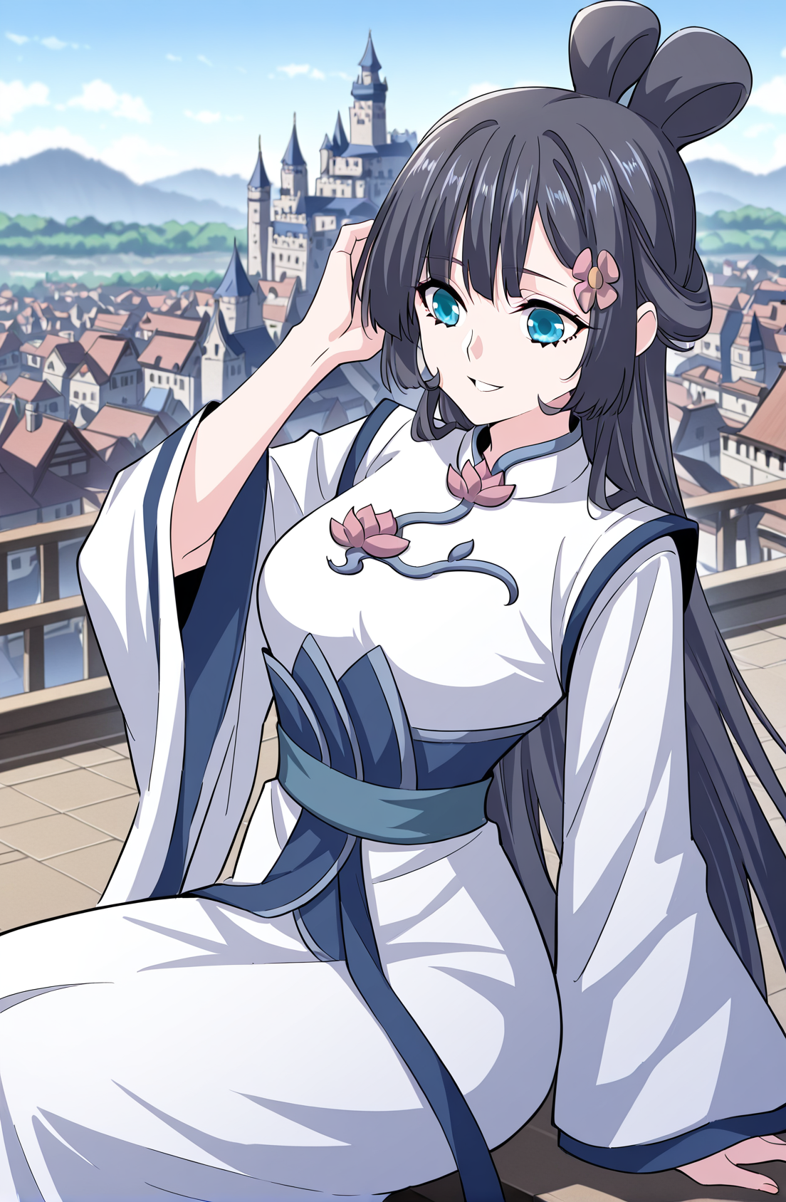 <lora:Yun_Shuang__Demon_Emperor__Illustrious:1>
1 girl, solo, long dark hair, blue eyes, side bangs, hair flower ornament, twin loop bun, 
white and blue hanfu, lotus pattern dress, floral brooch, wide sleeves, high collar, elegant outfit, 
score_9, score_8_up, score_7_up, very aesthetic, source_anime, detailed, high quality, beautiful, masterpiece, detailed eyes, castle, village, blurry background, cityscape, pose dynamic angle, light smile, open mouth, hand on hair, sitting