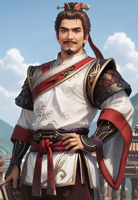 score_9, score_8_up, LuSuDWO, short hair, brown hair, brown eyes, goatee, mustache, mature male, muscular, headwear, pauldrons, chinese clothes, wide sleeves, bracers, red sash, dark-maroon pants, looking at viewer, smile, dynamic pose, detailed background, dutch angle, ancient china, blue sky, clouds, upper body, cowboy shot, hand on hip, holding a book, gust of wind,