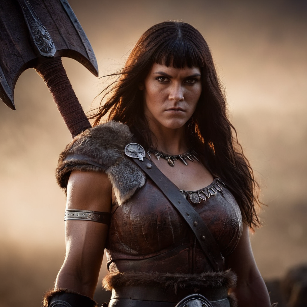 cinematic film still of  <lora:Conan the Barbarian:1.2>  Horror Themed created by Robert E. Howard
Conan the Barbarian a woman with epic axe and a big head, shallow depth of field, vignette, highly detailed, high budget, bokeh, cinemascope, moody, epic, gorgeous, film grain, grainy