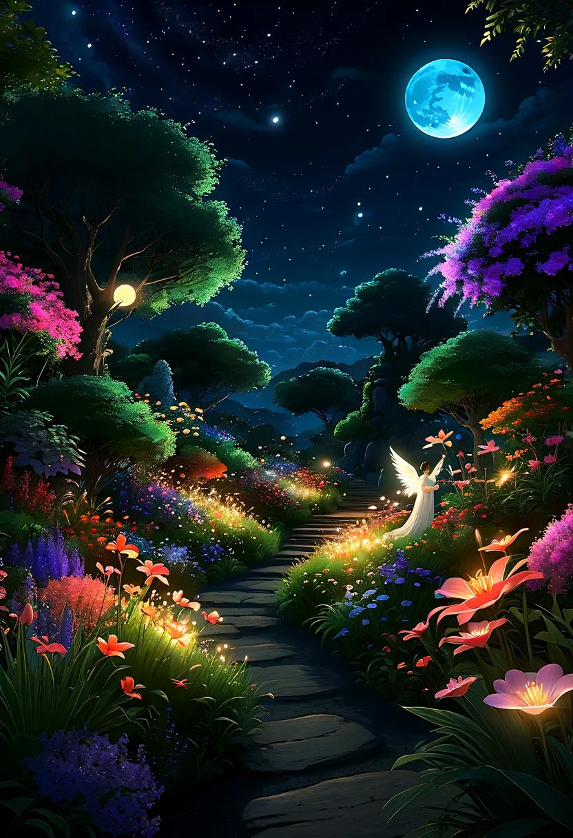 Studio Ghibli style, best quality, high resolution, 8k aesthetic, mesmerizing celestial moonlight, beautiful floral atmosphere, vibrant light trail effects, realistic, ultra-detailed glowing flowers, glowing plant grass leaves , fantastic oasis angel garden, huge busy detailed scene