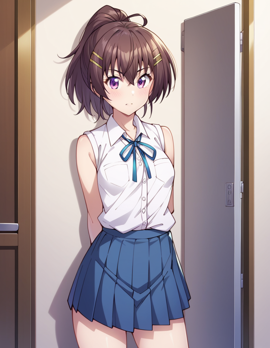 score_9, score_8_up, score_7_up, source_anime, uncensored, <lora:StS_detail_slider_v1:3>, zPDXLxxx, <lora:Momoka_Momozono_PONYXL_VexVexX:1>, MomokaMomozono, 1girl, purple eyes, brown hair, hair between eyes, ponytail, hairclip, small breasts, school uniform, skirt, pleated skirt, blue skirt, shirt, untucked shirt, sleeveless, neck ribbon, blue neck ribbon, cowboy shot, bedroom, from front, standing, hands behind back, looking at view, thighs,