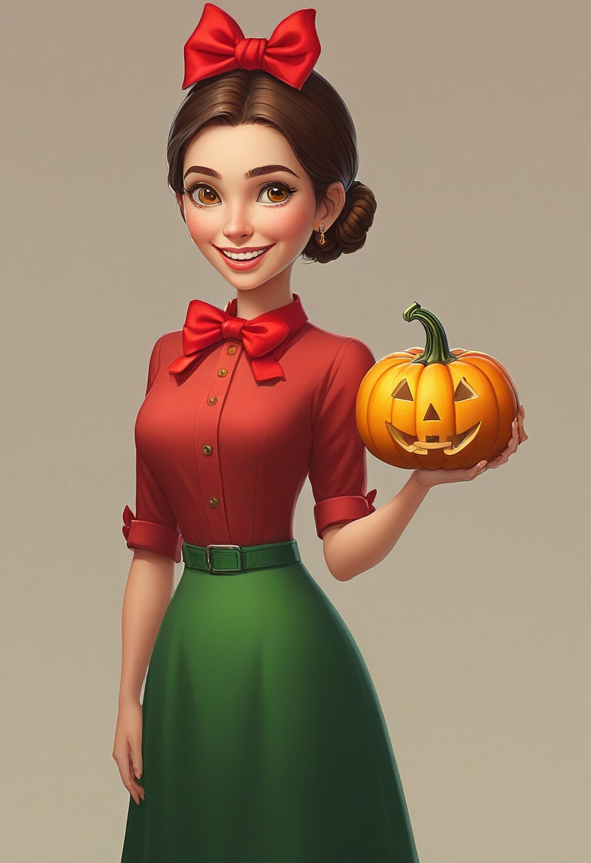score_9, score_8_up, score_7_up, score_6_up, Casgastyle, 1girl, solo, young, sweet, beautiful, smile, teeth, green eyes, small breasts, long brown hair, bun on top with a red bow, other hair loose, black dress, white collar, red bow on the collar, red rolled up sleeves of the dress, BREAK arms raised, arms bent at the elbows, holding with two hands a large orange pumpkin, a Halloween pumpkin, yellow eyes and a mouth in a pumpkin, standing, cowboy shot, semi-sideways, half-sideways, looking at viewer, BREAK blurred autumn landscape background