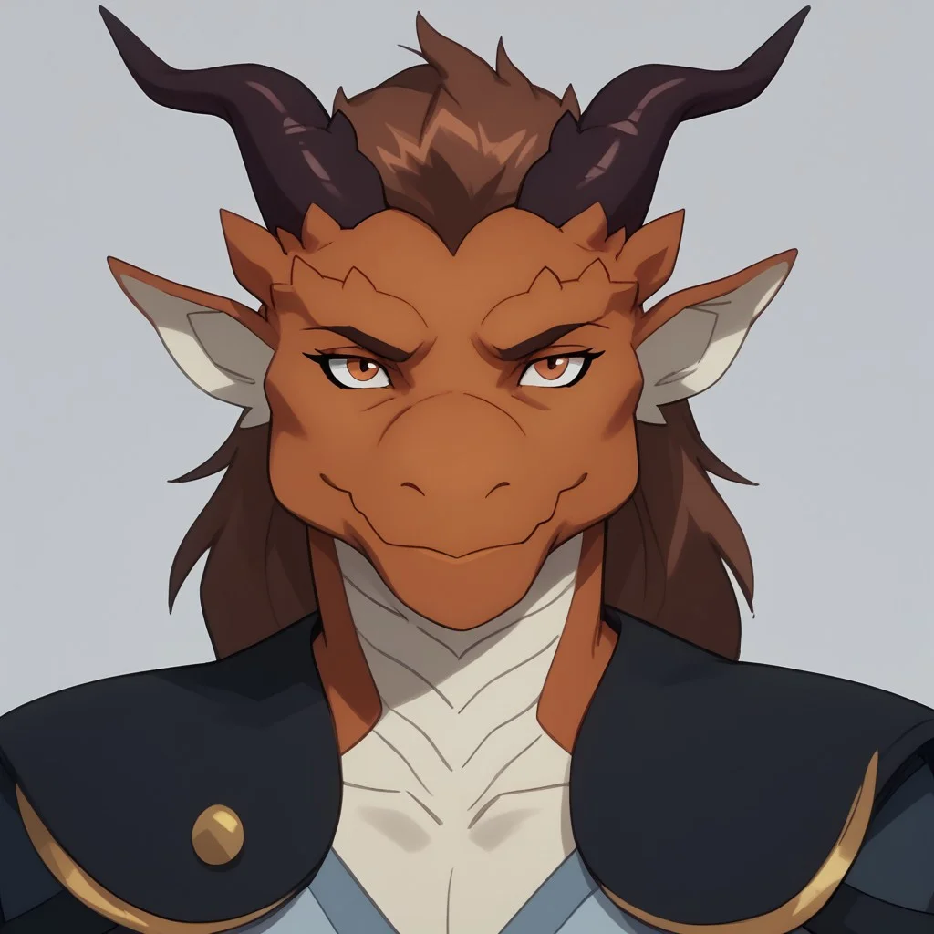 dohla lorian, female, anthro, furry, orange body, orange scales, white body, white scales, brown hair, horns, orange eyes, white sclera, solo, simple grey background, clothing, clothed, looking at viewer, smile, furry female, shoulder armer, shoulder guards, blue clothing, 1girl, smiling at viewer, closed mouth, portrait, masterpiece, ultra detailed, high quality, score_9, score_8_up, score_7_up, score_6_up, score_5_up, score_4_up,