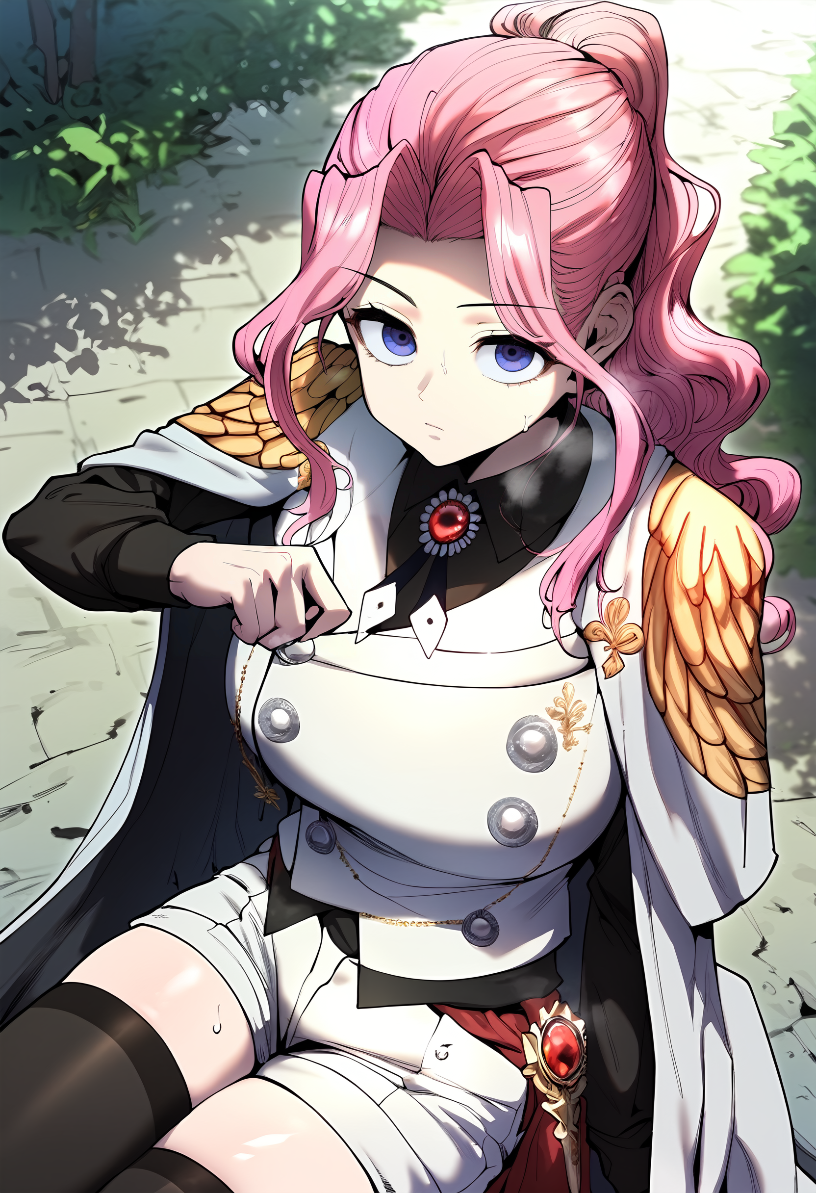 score_9, score_8_up, score_7_up, score_6_up, source_anime, rating_explicit, 1girl, (solo:1.2), huge breasts, <lora:Certiponyxl:1> pink hair, long hair, purple eyes, ponytail, sidelocks, white cape, brooch, gem, epaulettes, white vest, black shirt, long sleeves, collared shirt, buttons, short shorts, white shorts, black thighhighs, expressionless, Narrow shoulders, heavy breathing, steaming body, forest, outdoors, looking at viewer, close-up